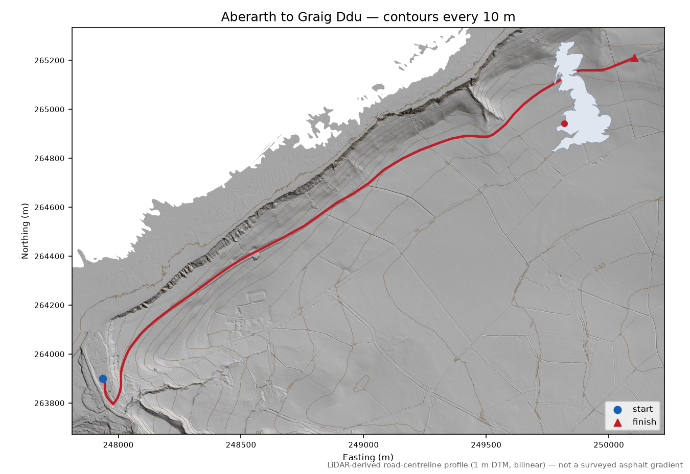 Aberarth to Graig Ddu LiDAR hillshade map with contours
