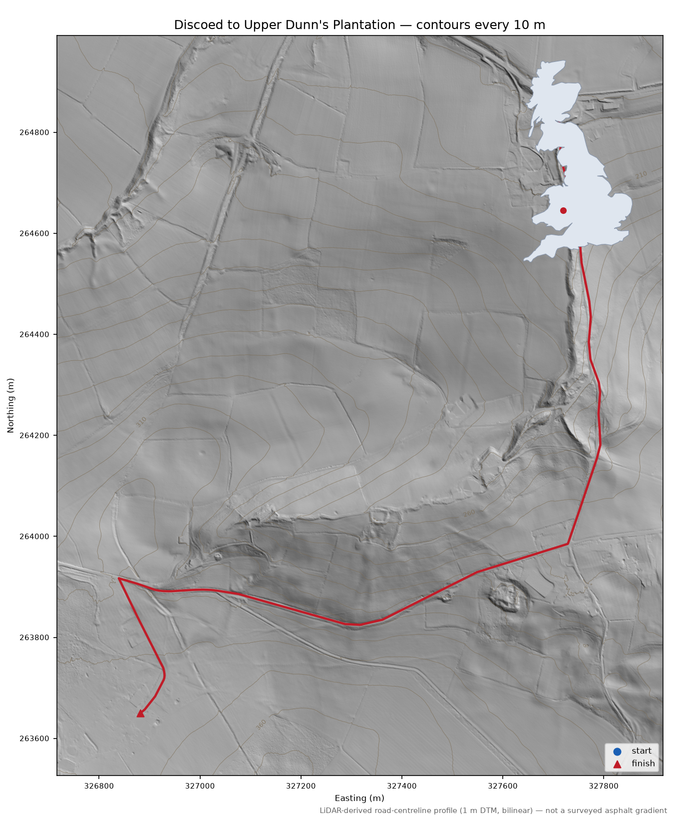 Discoed to Upper Dunn's Plantation LiDAR hillshade map with contours