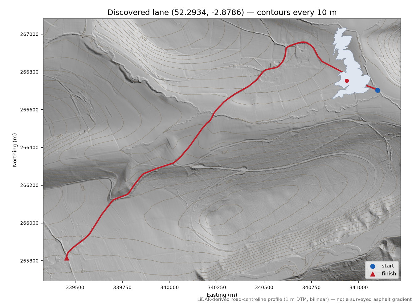 Lower Lye to Upper Lye LiDAR hillshade map with contours