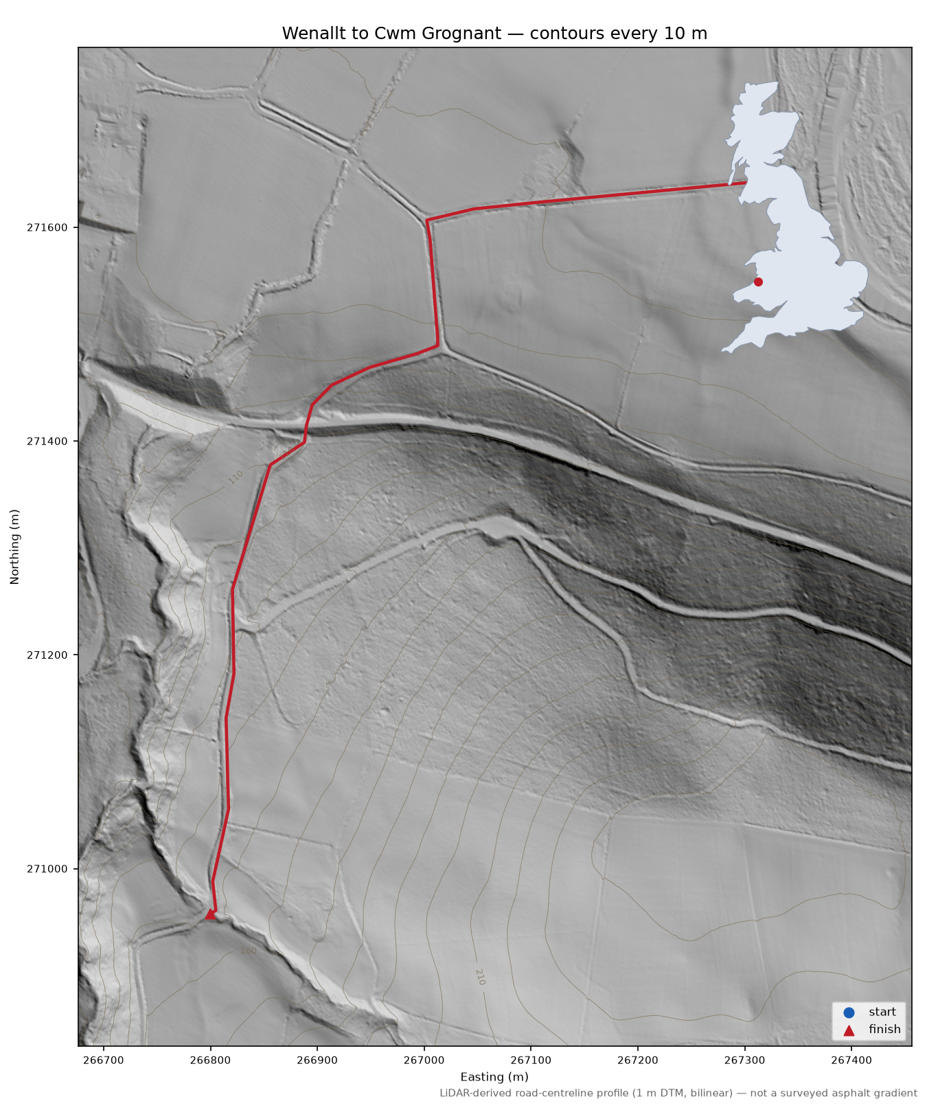 Wenallt to Cwm Grognant LiDAR hillshade map with contours