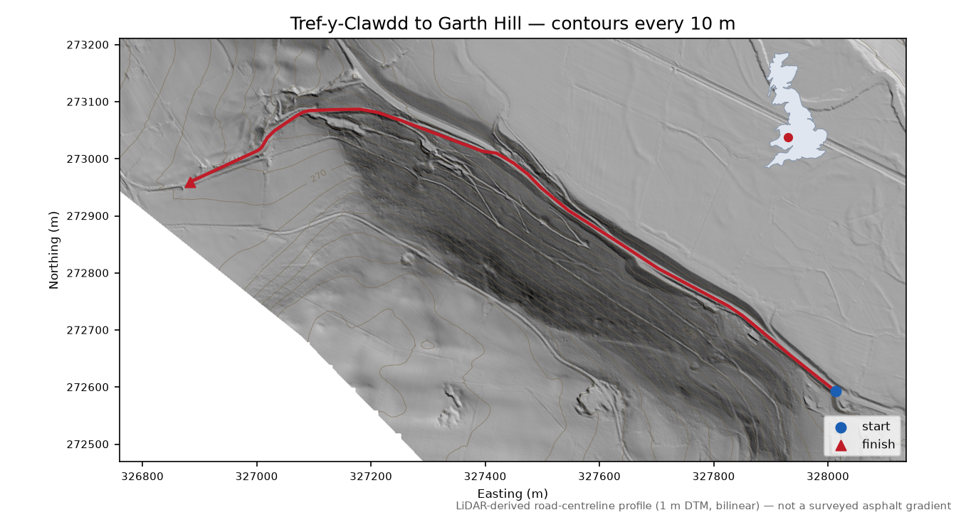 Tref-y-Clawdd to Garth Hill LiDAR hillshade map with contours