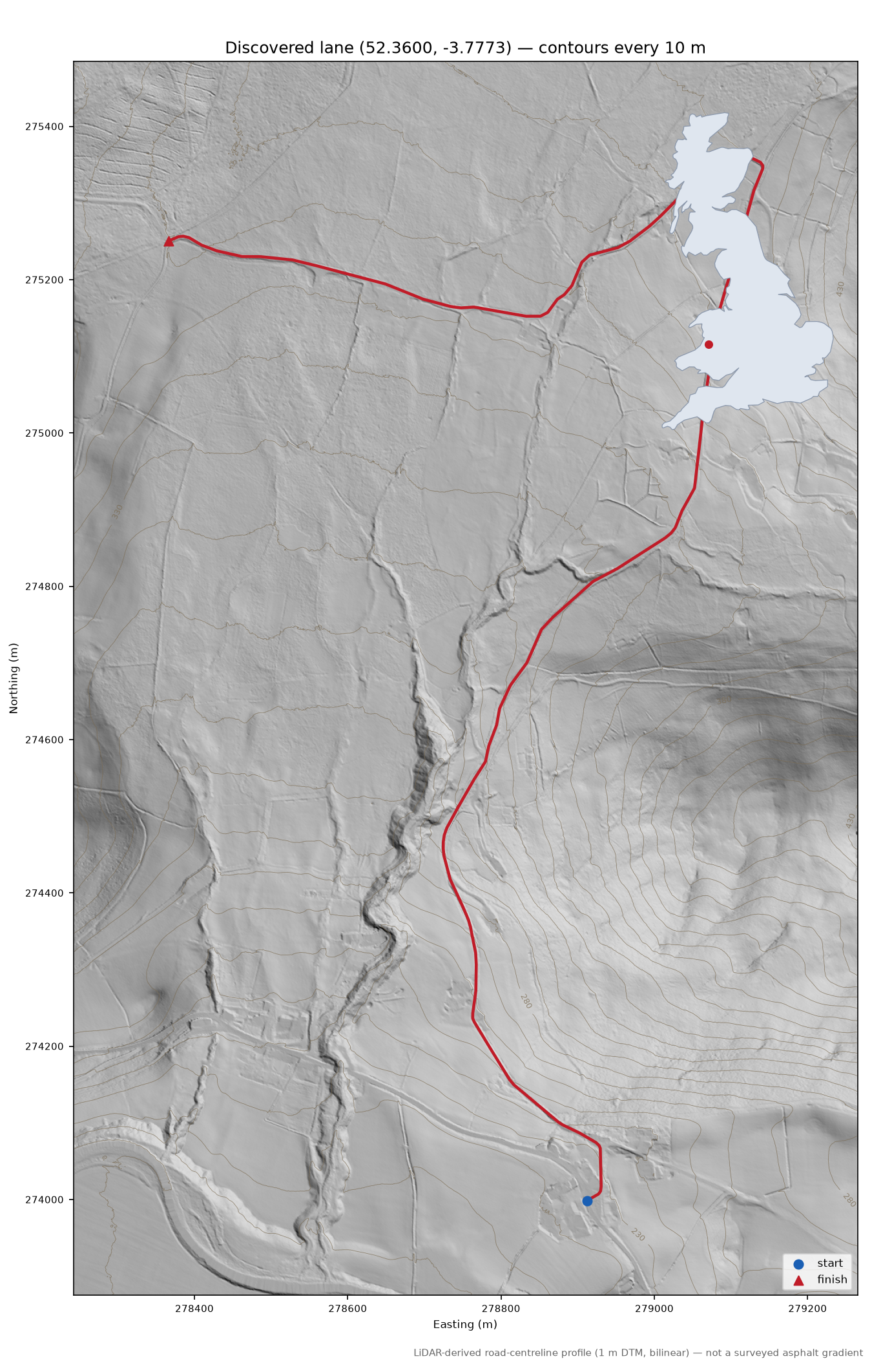 Cwmystwyth to Bryn Bach LiDAR hillshade map with contours