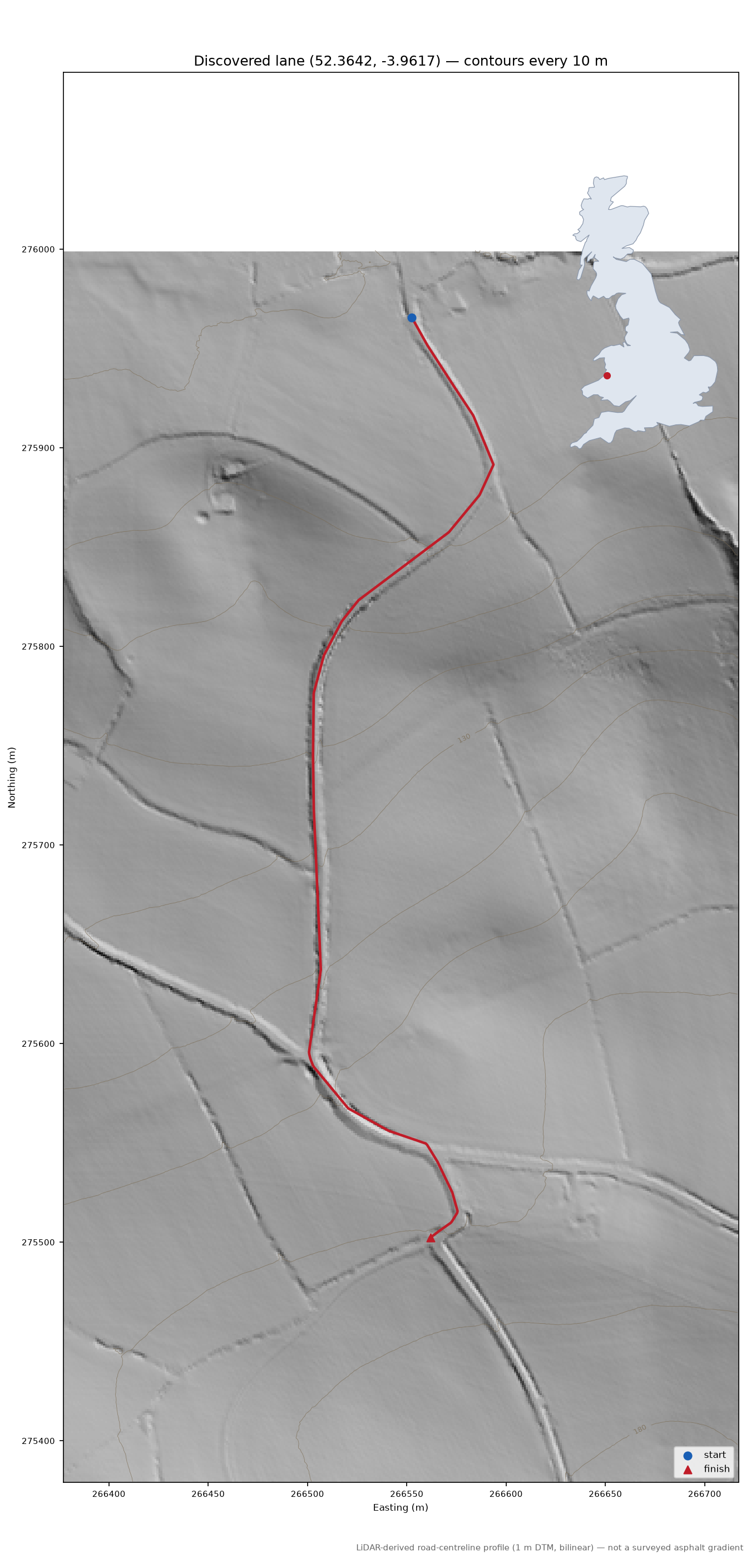 Lane near Llanfihangel-y-Creuddyn LiDAR hillshade map with contours
