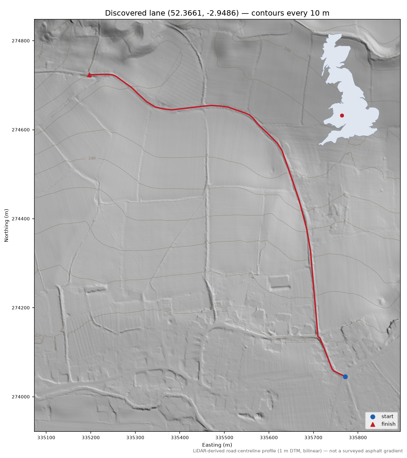 Lane near Bucknell LiDAR hillshade map with contours
