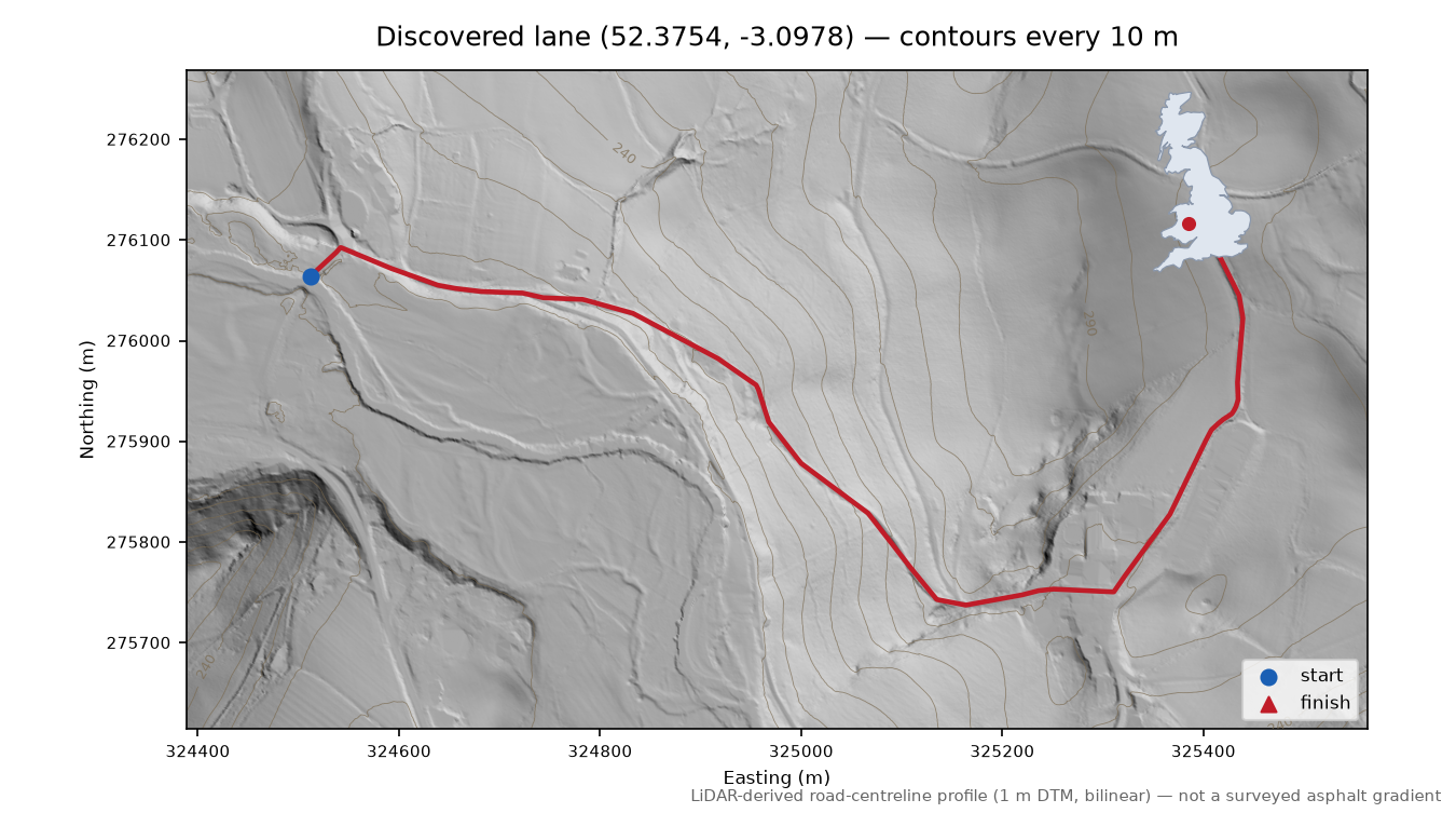 Llanfair Waterdine to Lloyney LiDAR hillshade map with contours