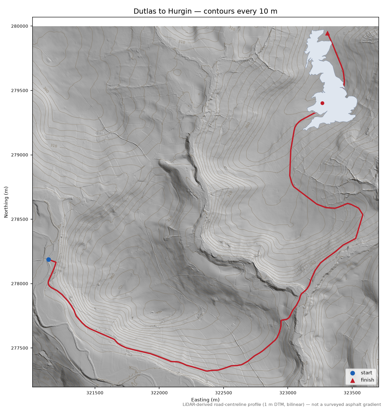 Dutlas to Hurgin LiDAR hillshade map with contours