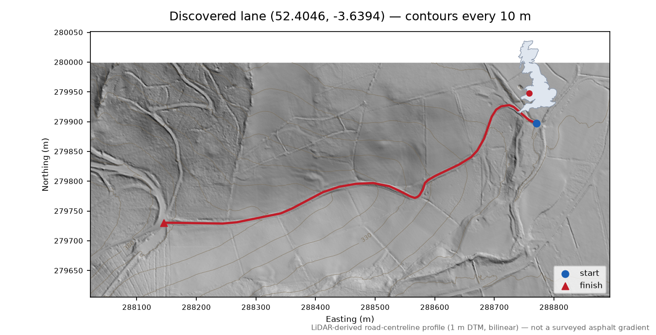 Lane near Esgair Llwyn-gwyn LiDAR hillshade map with contours