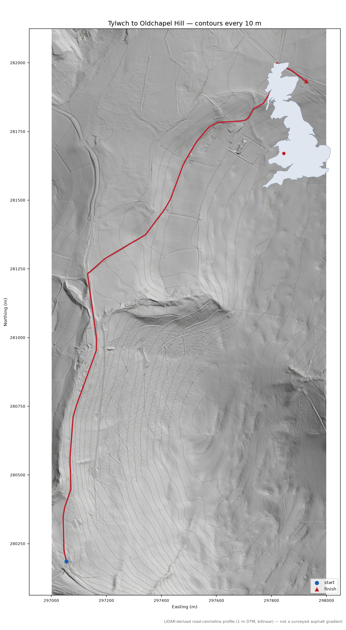 Tylwch to Oldchapel Hill LiDAR hillshade map with contours