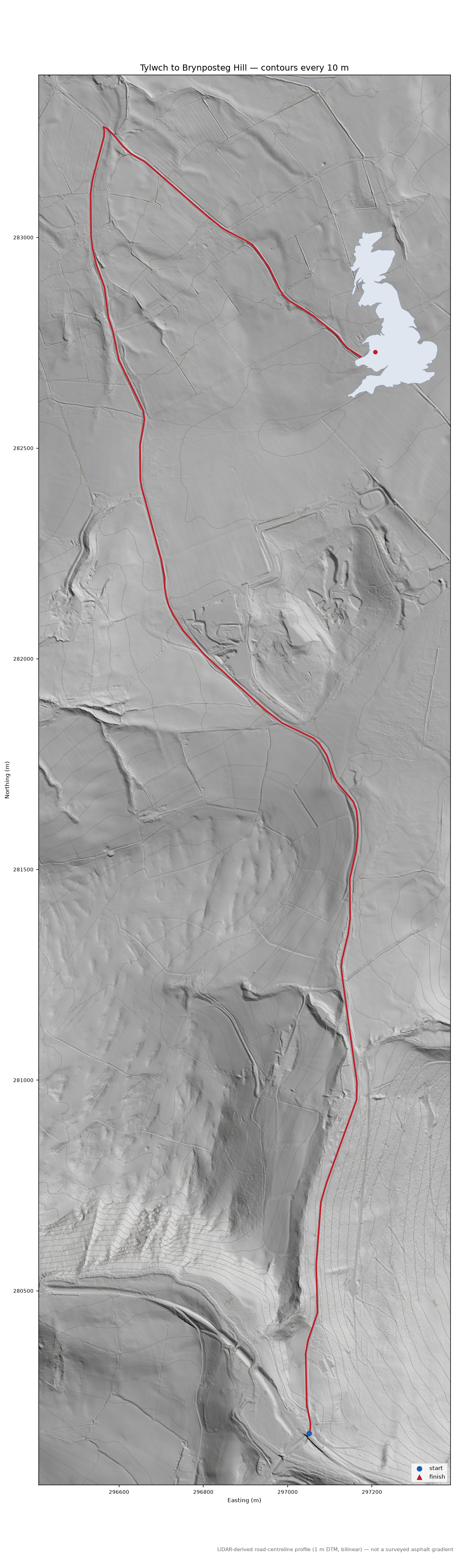 Tylwch to Brynposteg Hill LiDAR hillshade map with contours
