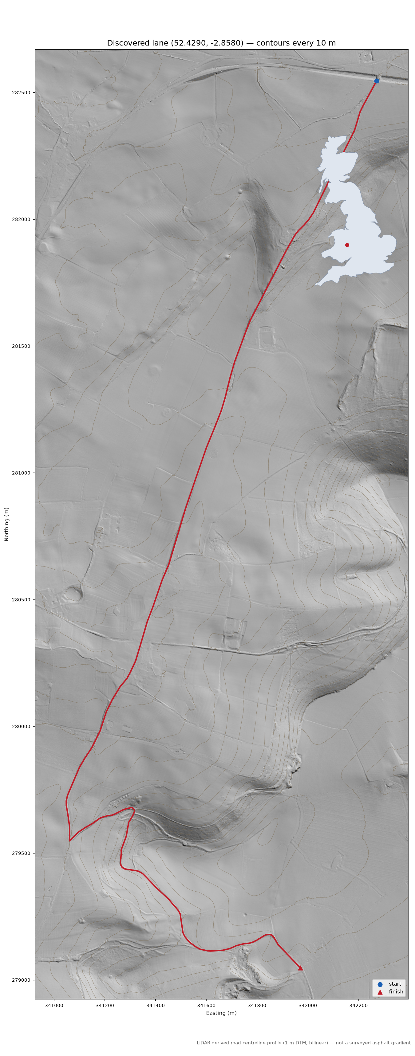 Craven Arms to Brandhill LiDAR hillshade map with contours