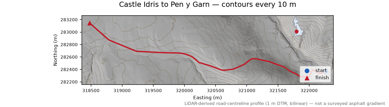 Castle Idris to Pen y Garn LiDAR hillshade map with contours