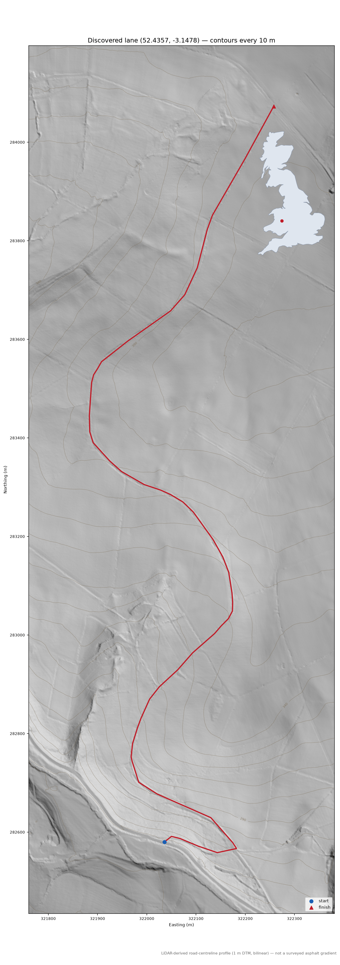 Lane near Castle Idris LiDAR hillshade map with contours