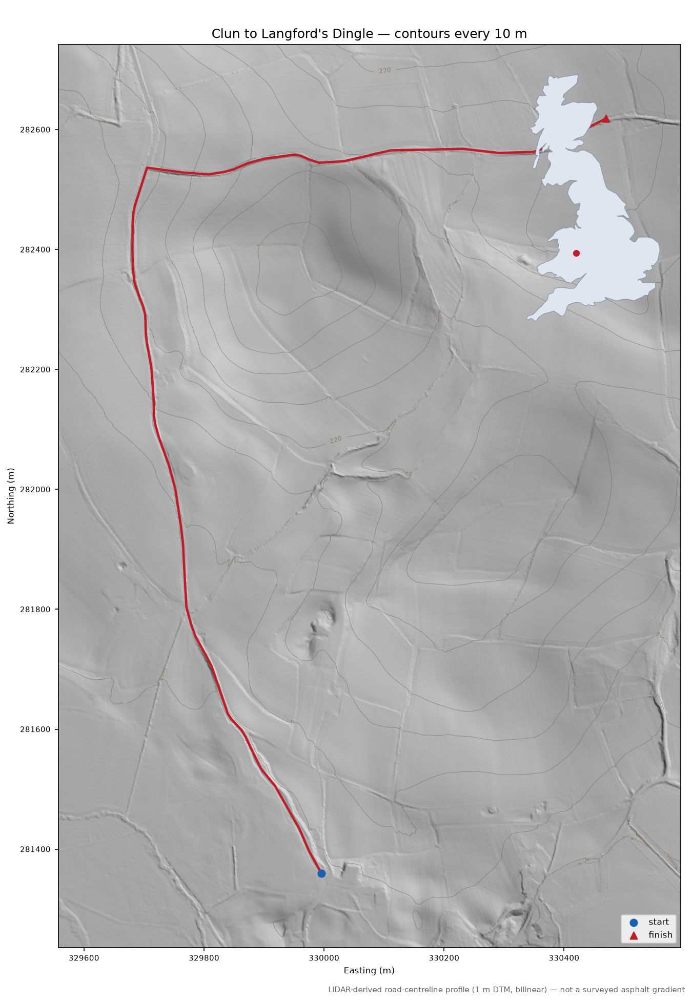 Clun to Langford's Dingle LiDAR hillshade map with contours