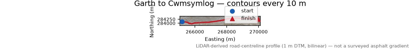 Garth to Cwmsymlog LiDAR hillshade map with contours