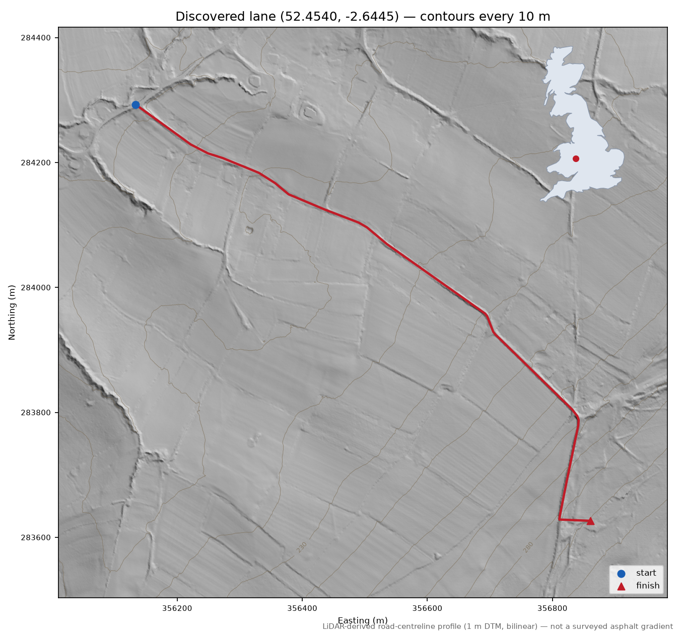 Lane near Clee St Margaret LiDAR hillshade map with contours