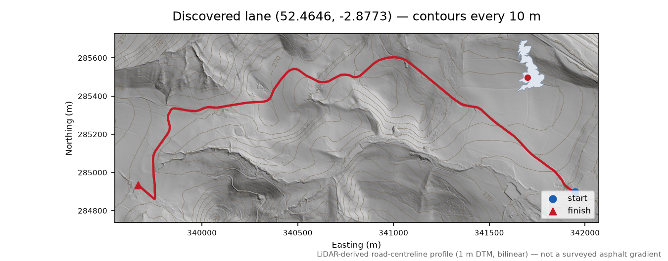 Cheney Longville to Round Oak LiDAR hillshade map with contours