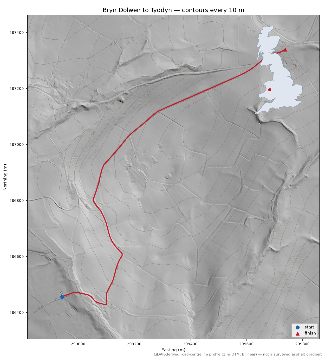 Bryn Dolwen to Tyddyn LiDAR hillshade map with contours