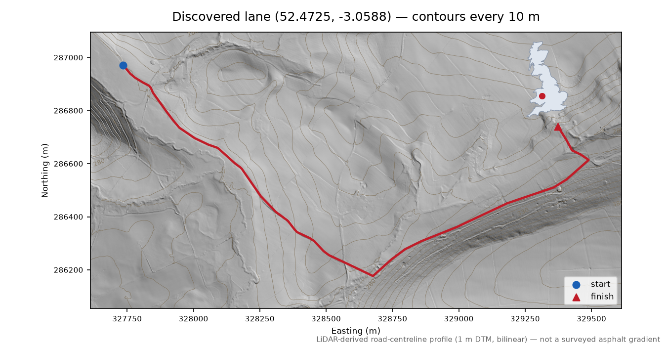 Mainstone to Bryn Hill LiDAR hillshade map with contours