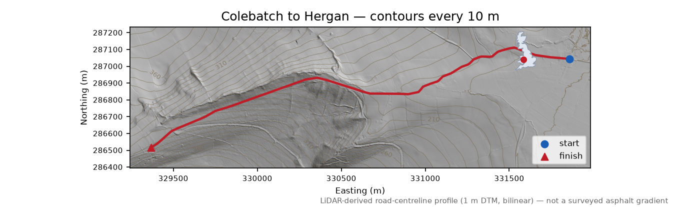 Colebatch to Hergan LiDAR hillshade map with contours