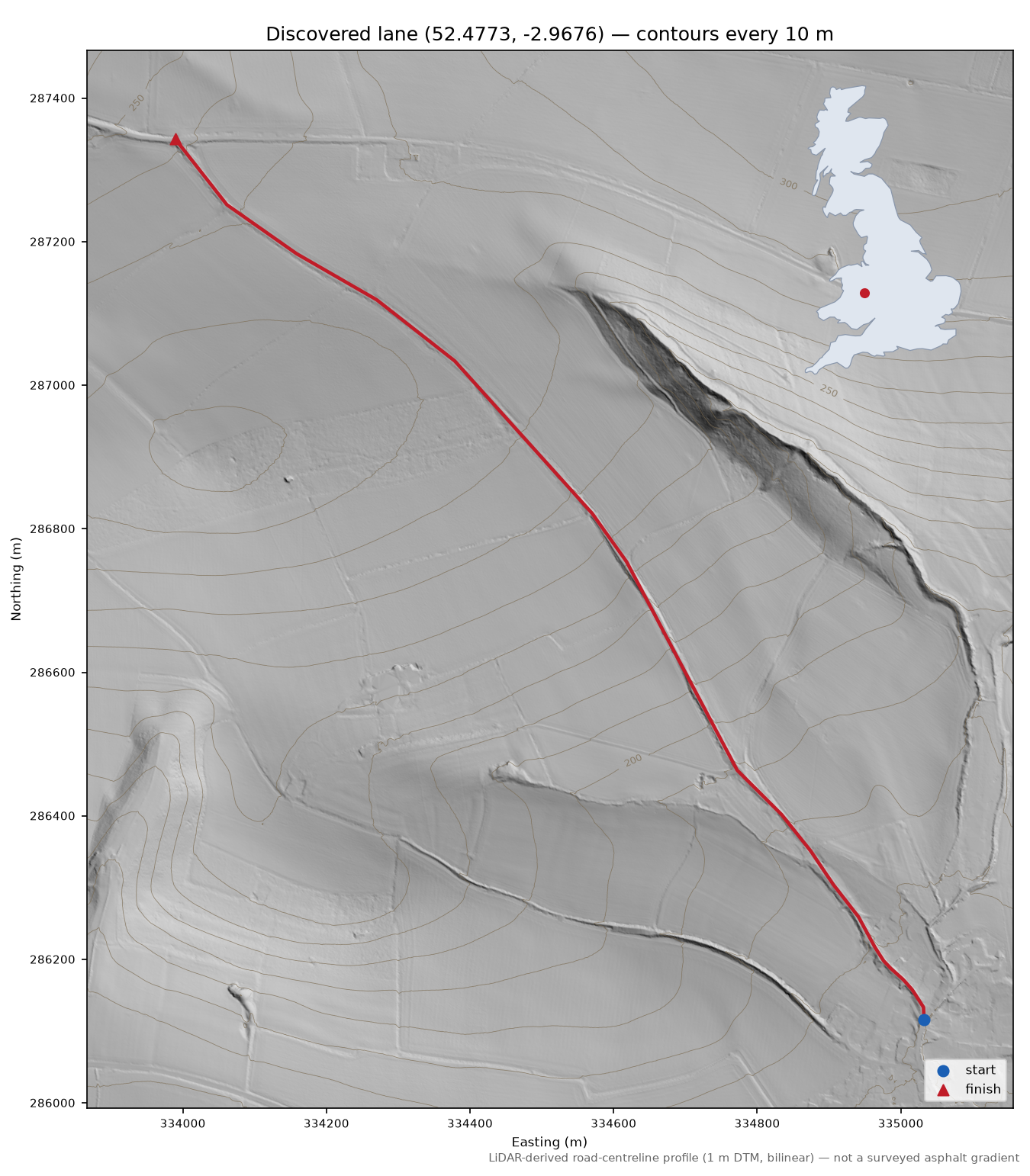 Lydbury North to Oakeley Mynd LiDAR hillshade map with contours