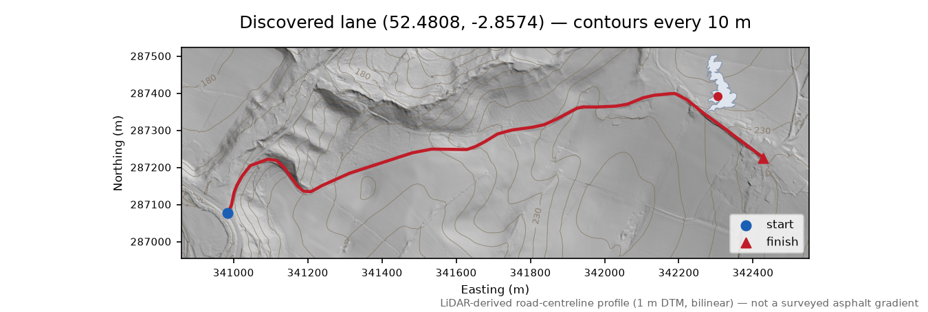 Horderley to Woolston LiDAR hillshade map with contours