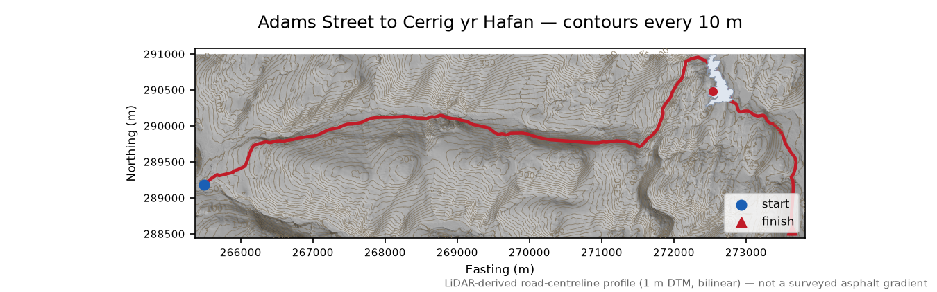Adams Street to Cerrig yr Hafan LiDAR hillshade map with contours