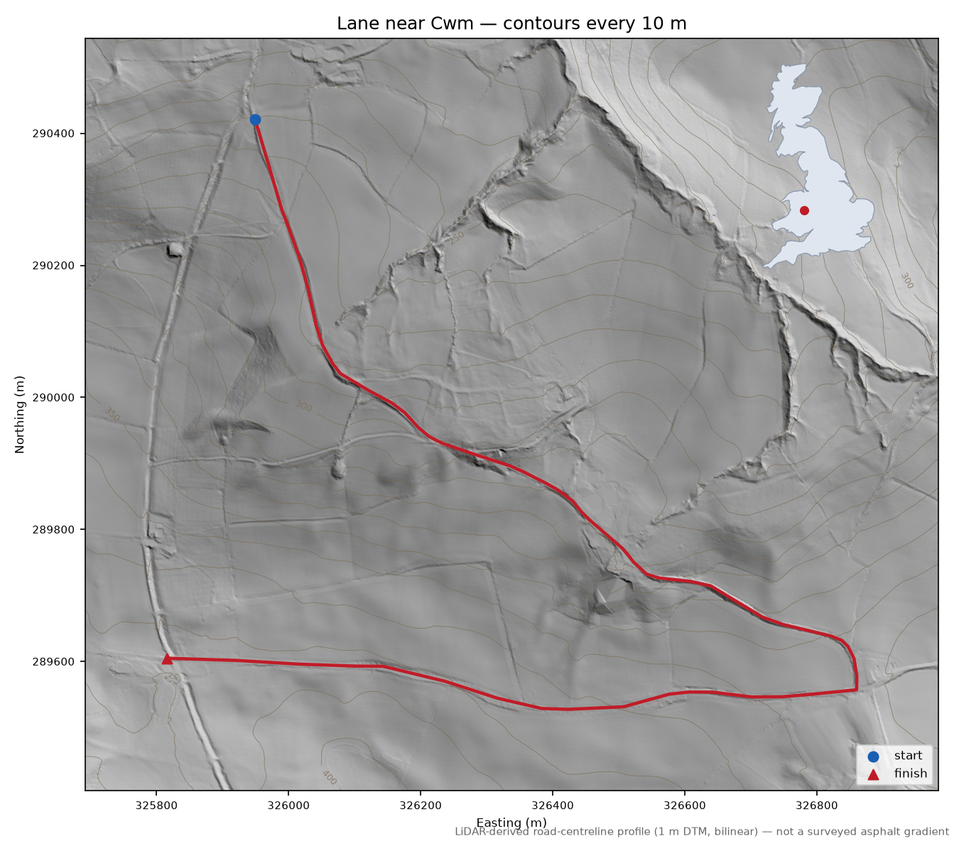 Lane near Cwm LiDAR hillshade map with contours