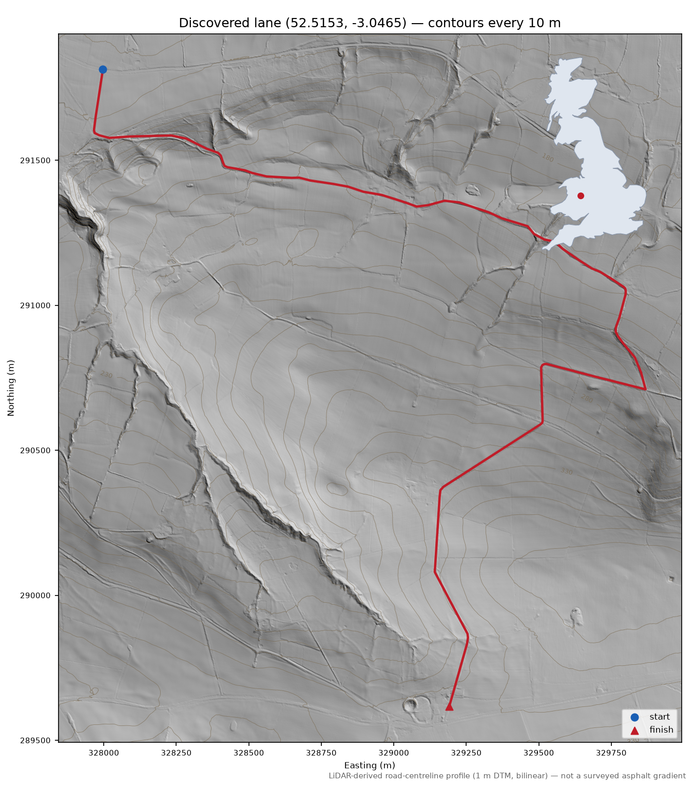 Pentre to Moat Hill LiDAR hillshade map with contours