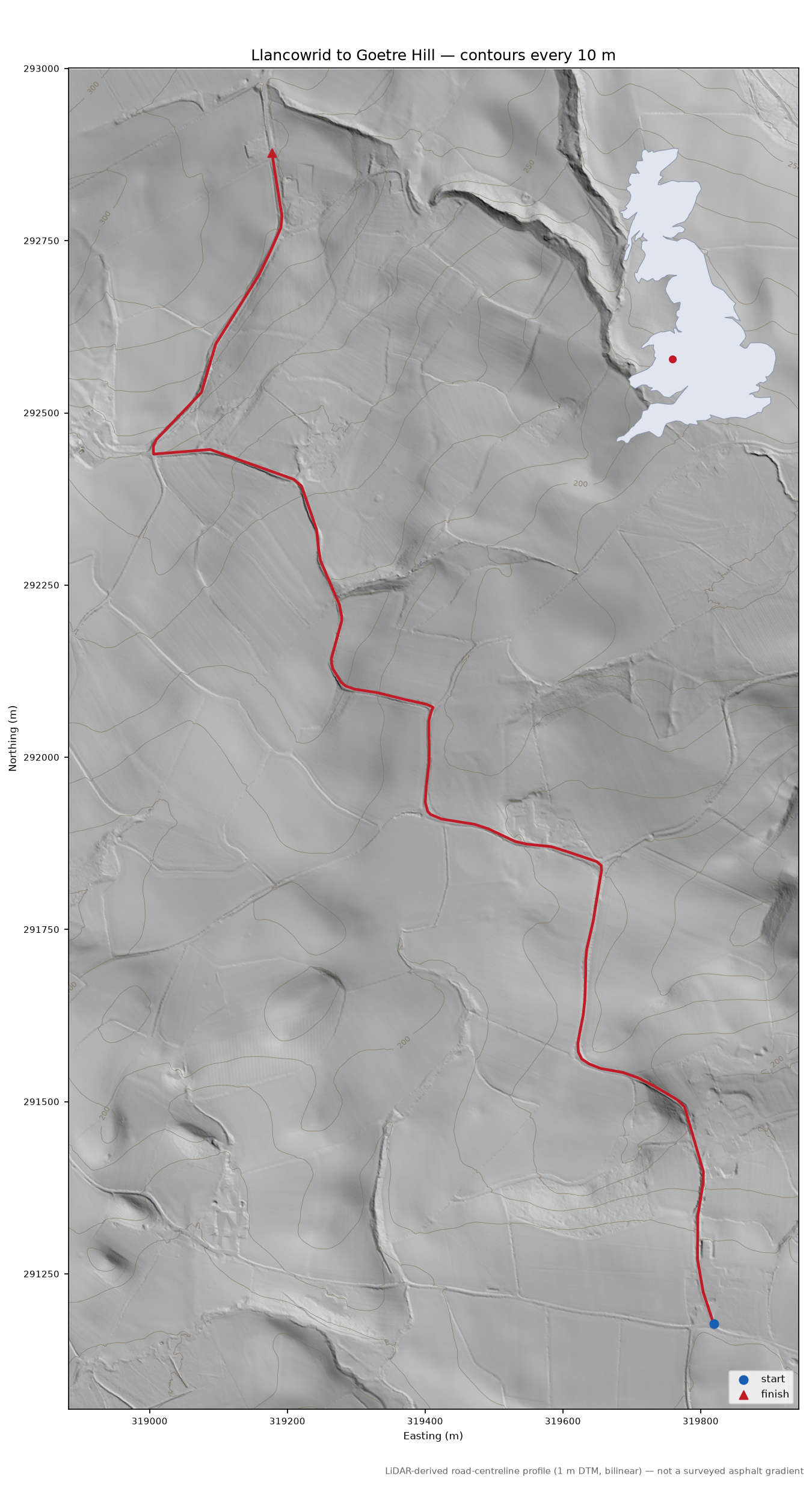 Llancowrid to Goetre Hill LiDAR hillshade map with contours