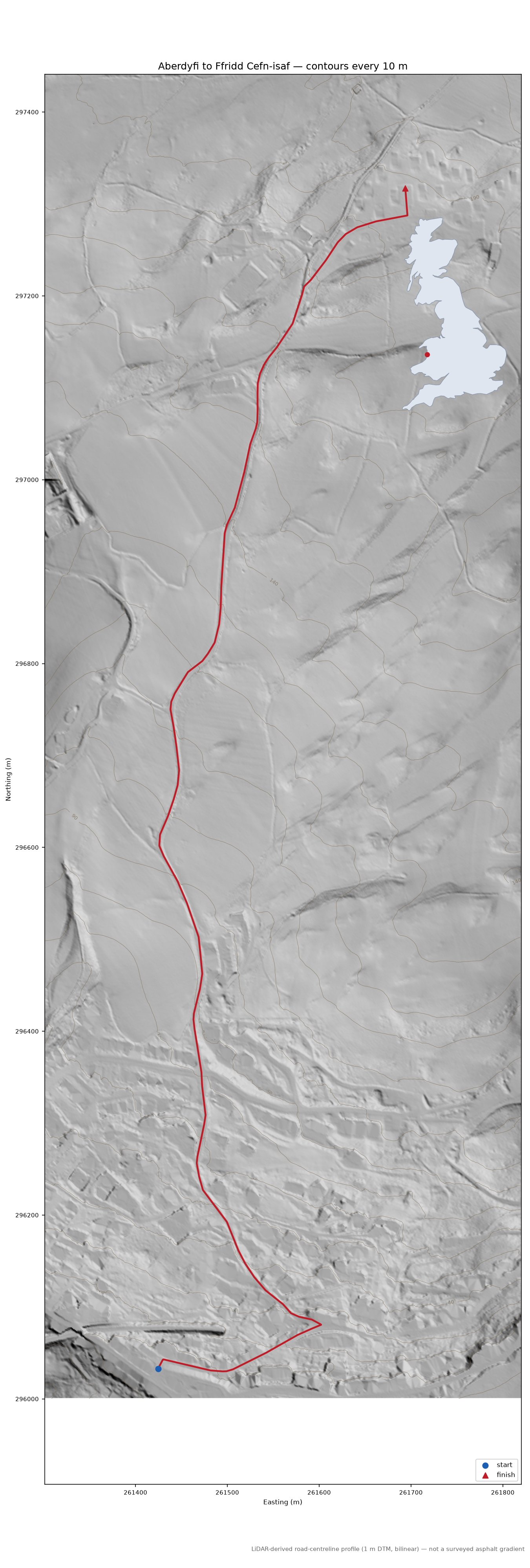 Aberdyfi to Ffridd Cefn-isaf LiDAR hillshade map with contours