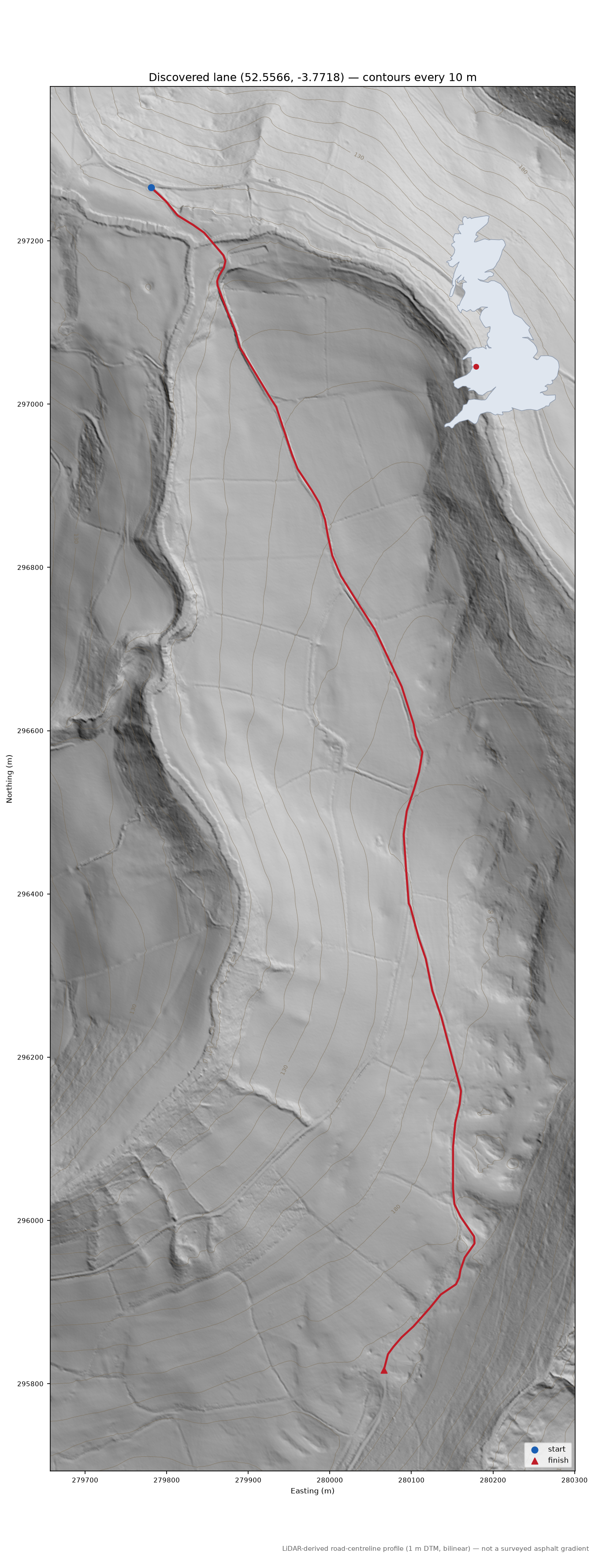 Cefn Modfedd to Cwm yr Erw LiDAR hillshade map with contours