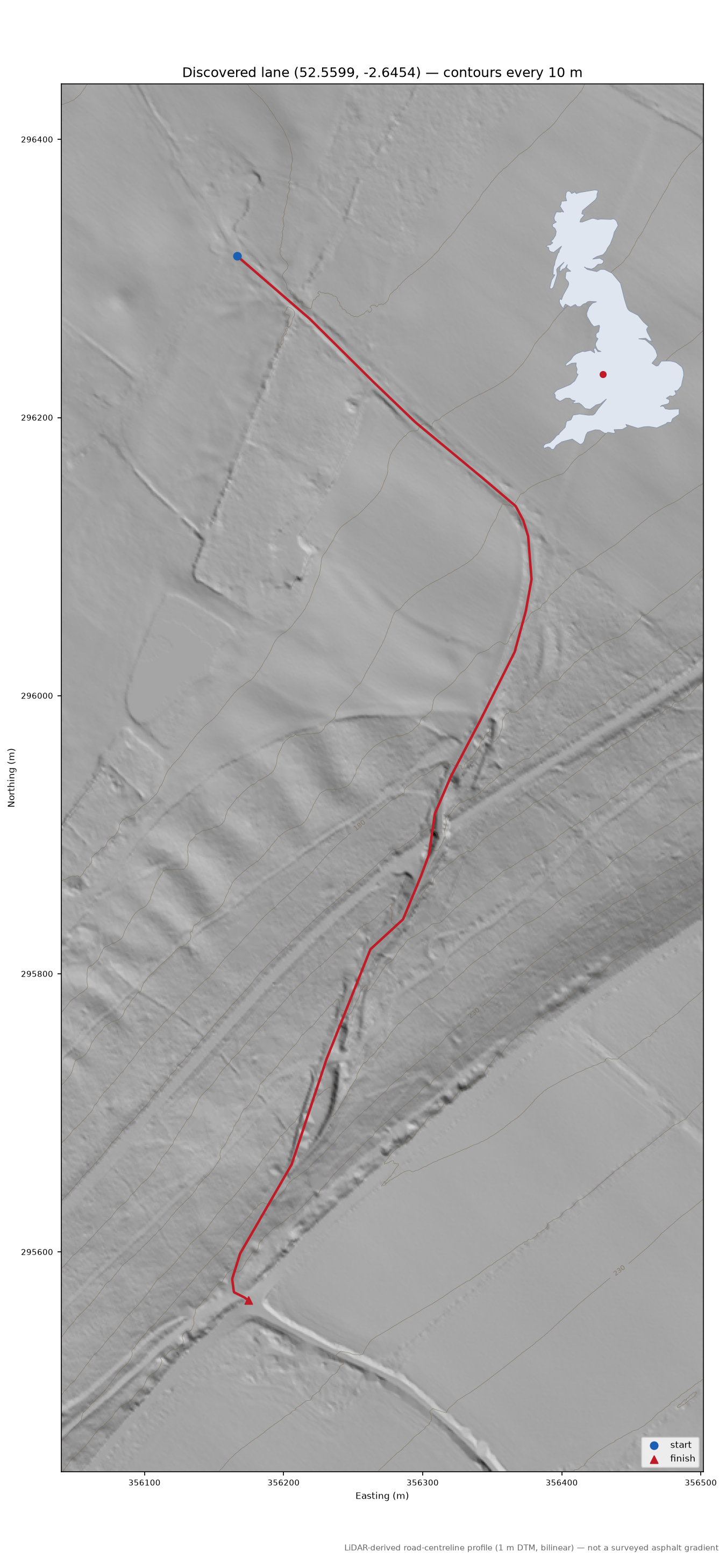 Hilltop to Easthope LiDAR hillshade map with contours