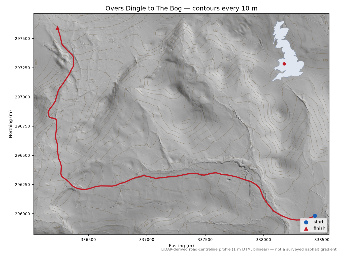 Overs Dingle to The Bog LiDAR hillshade map with contours