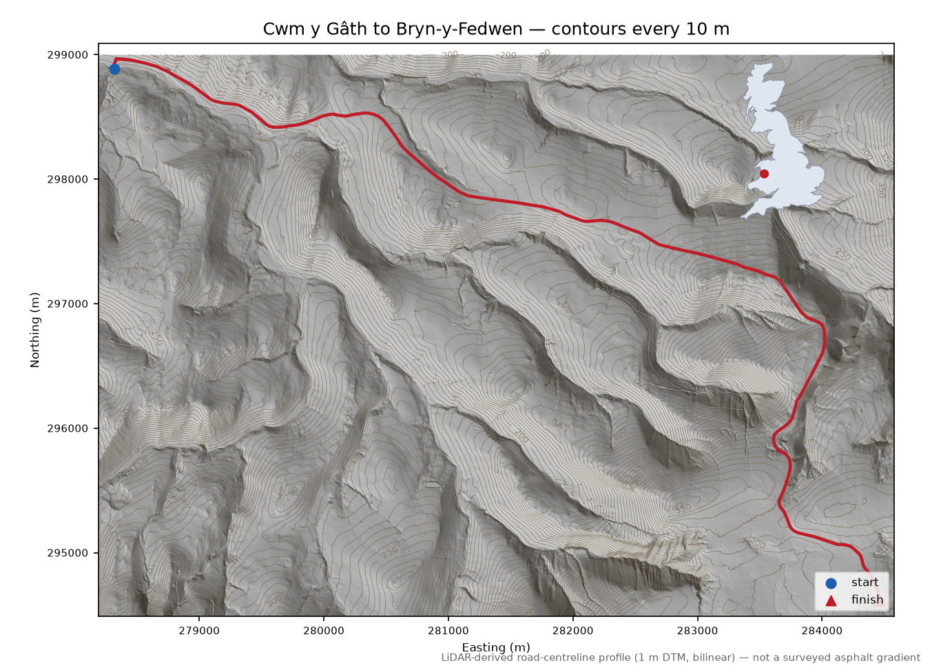 Cwm y Gâth to Bryn-y-Fedwen LiDAR hillshade map with contours