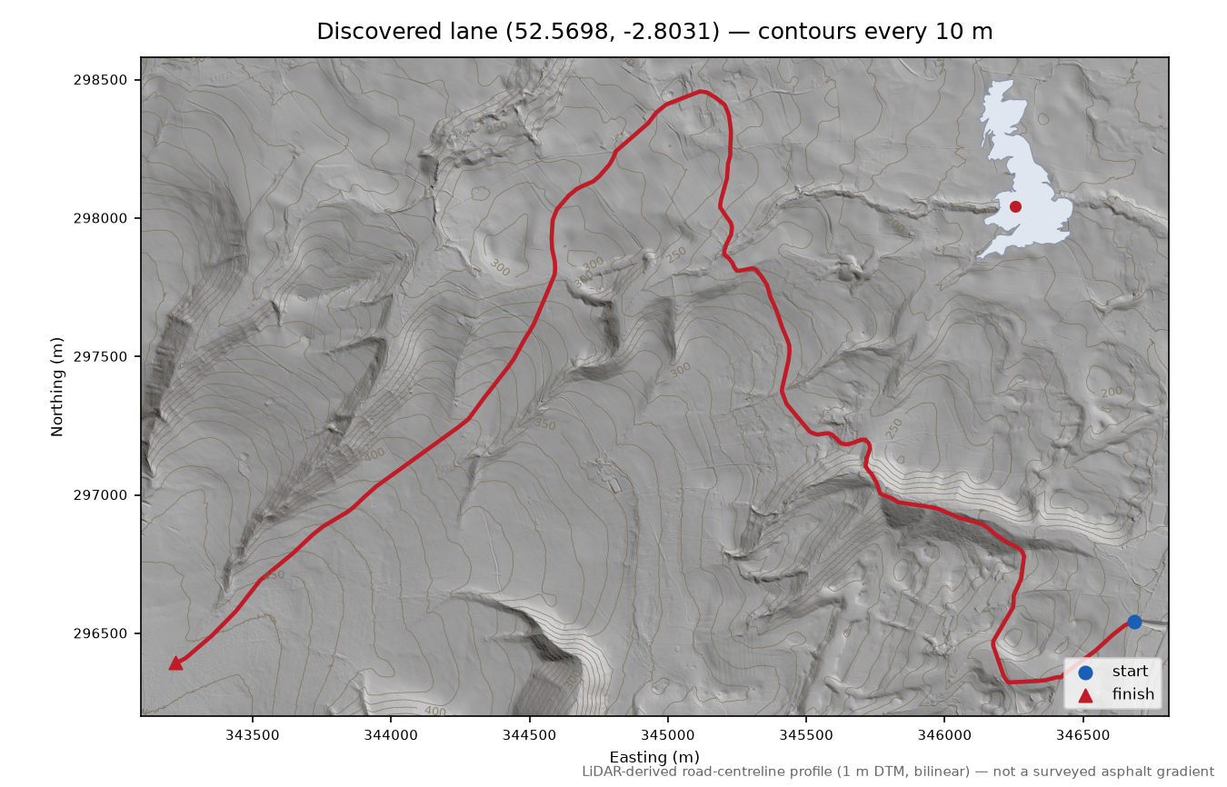 All Stretton to Long Batch LiDAR hillshade map with contours