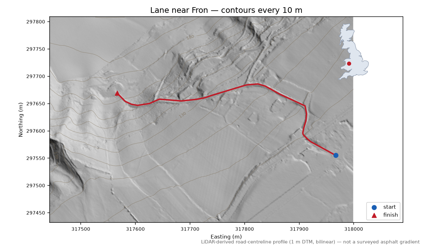 Lane near Fron LiDAR hillshade map with contours