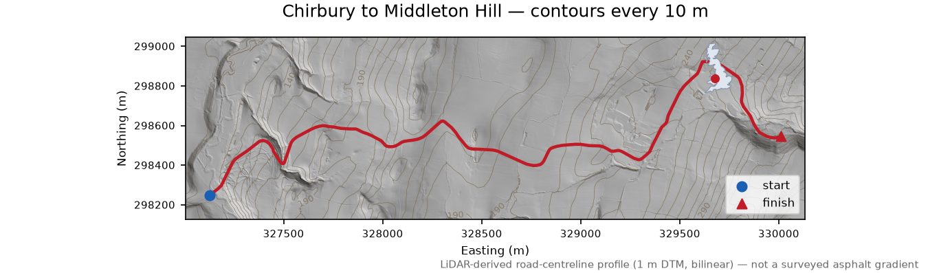 Chirbury to Middleton Hill LiDAR hillshade map with contours