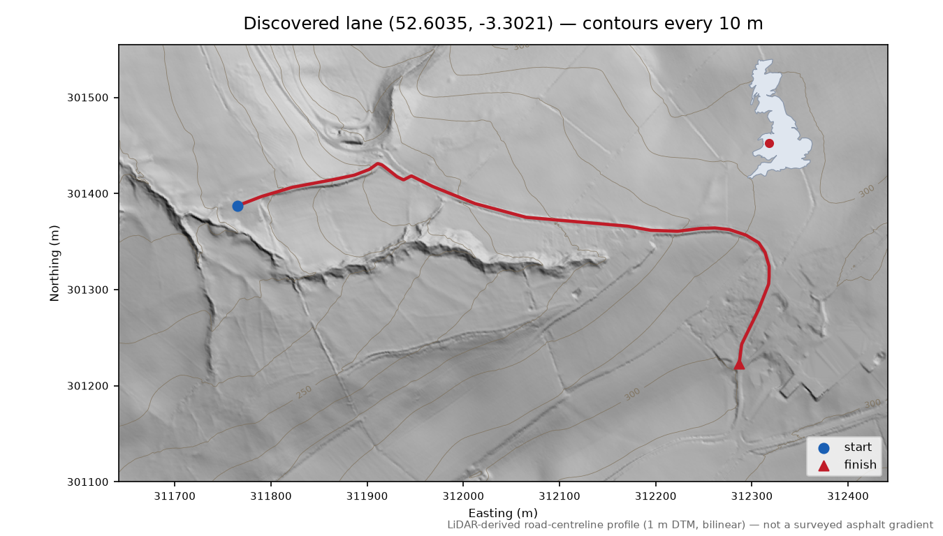 Manafon to Tŷ-mawr Hill LiDAR hillshade map with contours