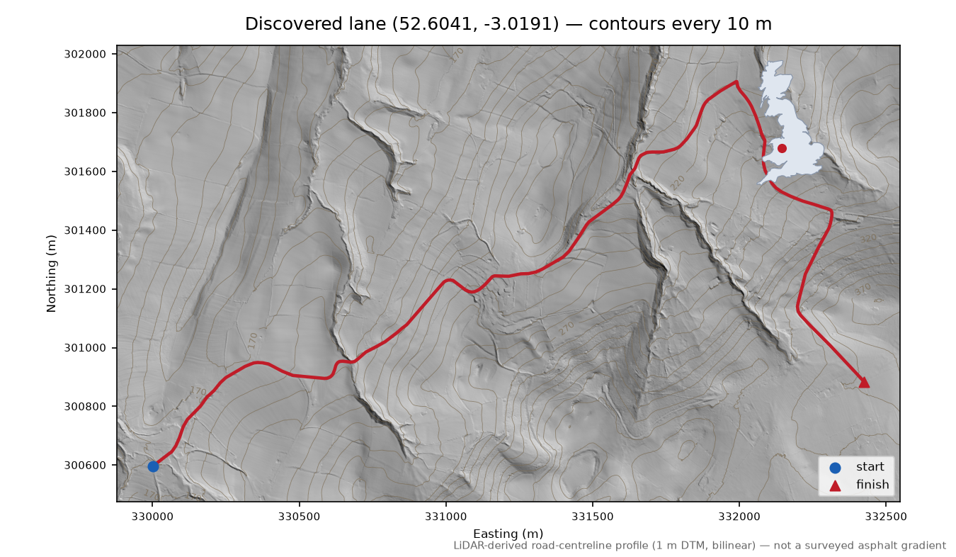 Rorrington to Hemford LiDAR hillshade map with contours