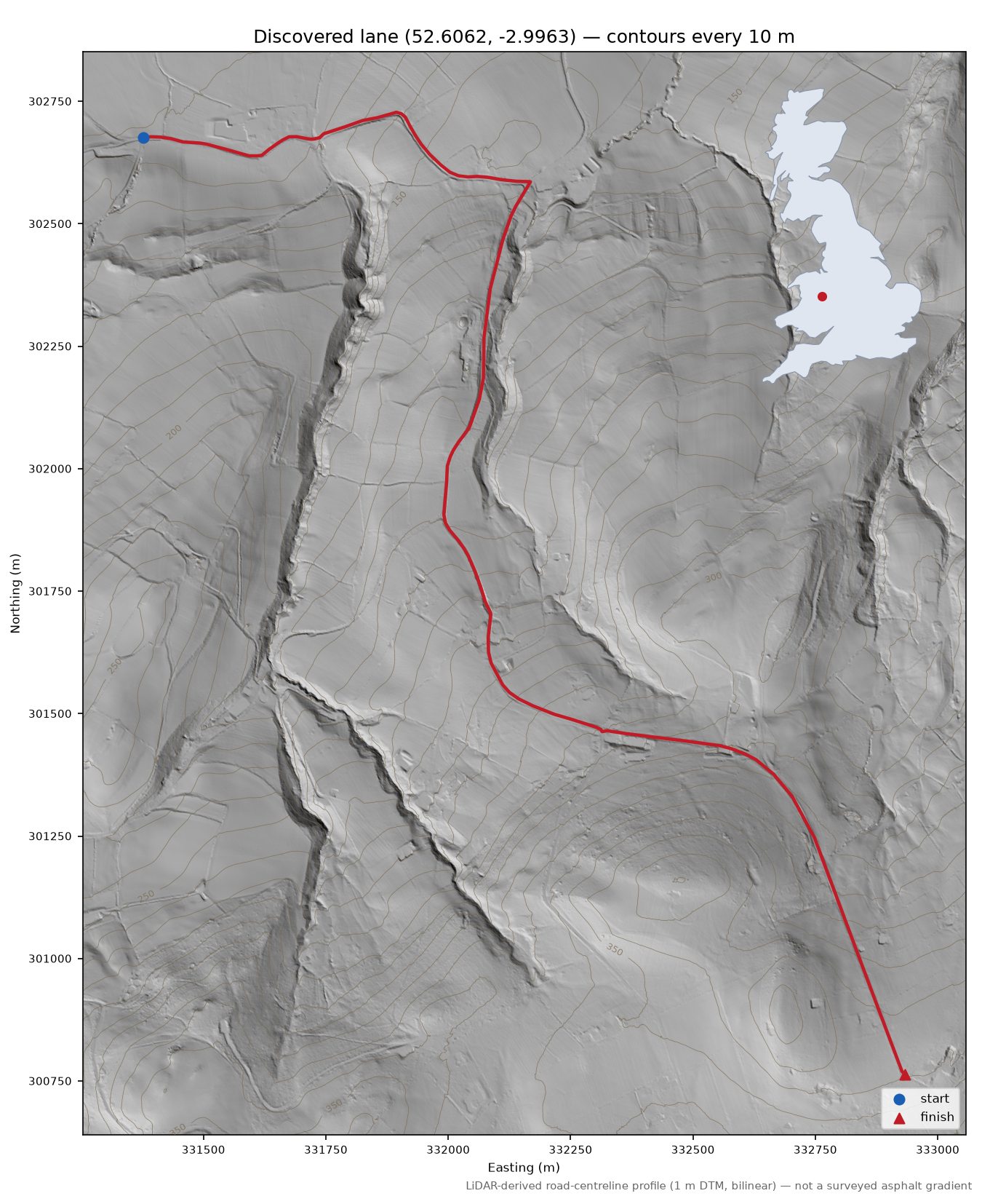 Betton Dingle to Gravelsbank LiDAR hillshade map with contours