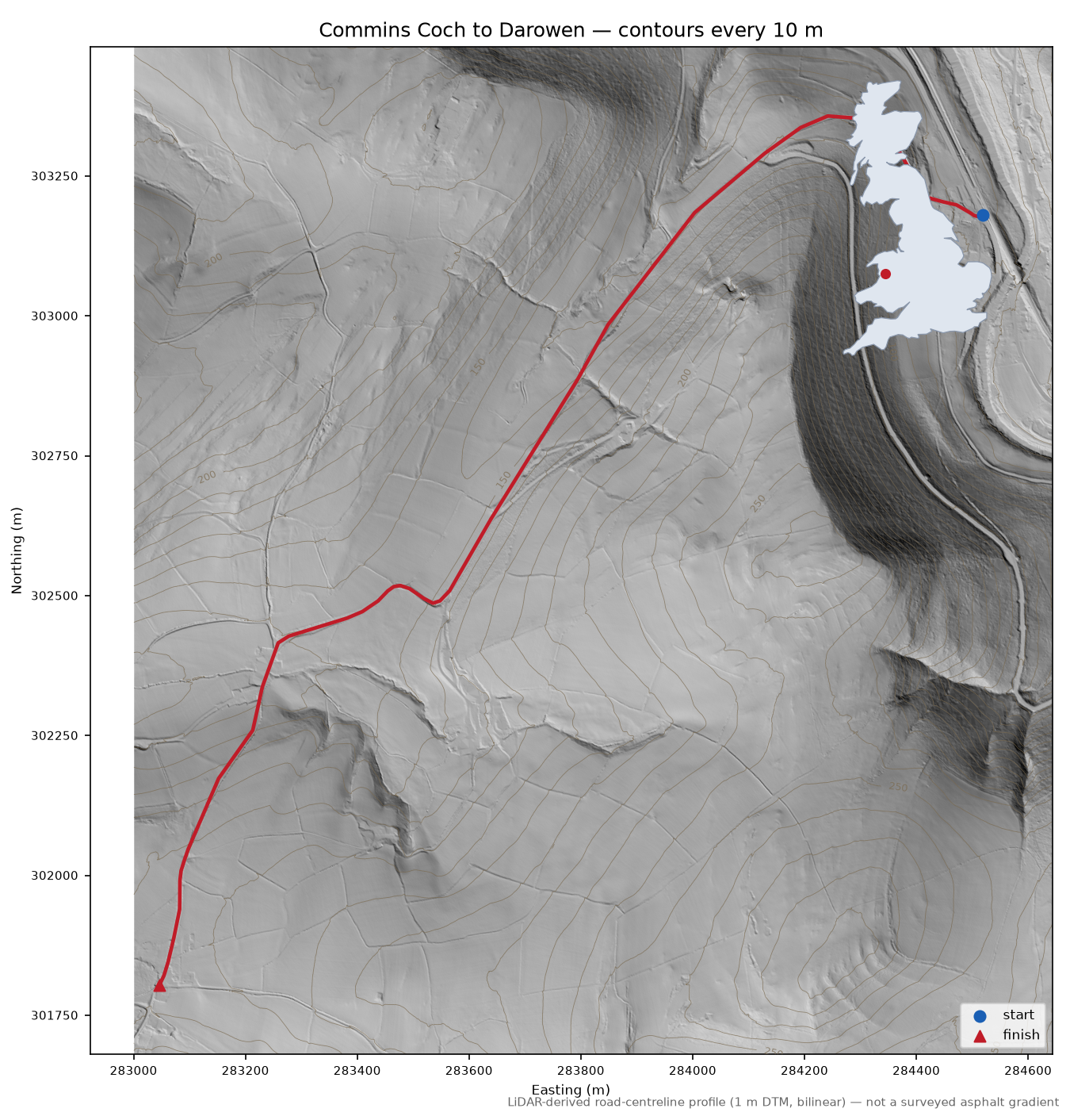 Commins Coch to Darowen LiDAR hillshade map with contours