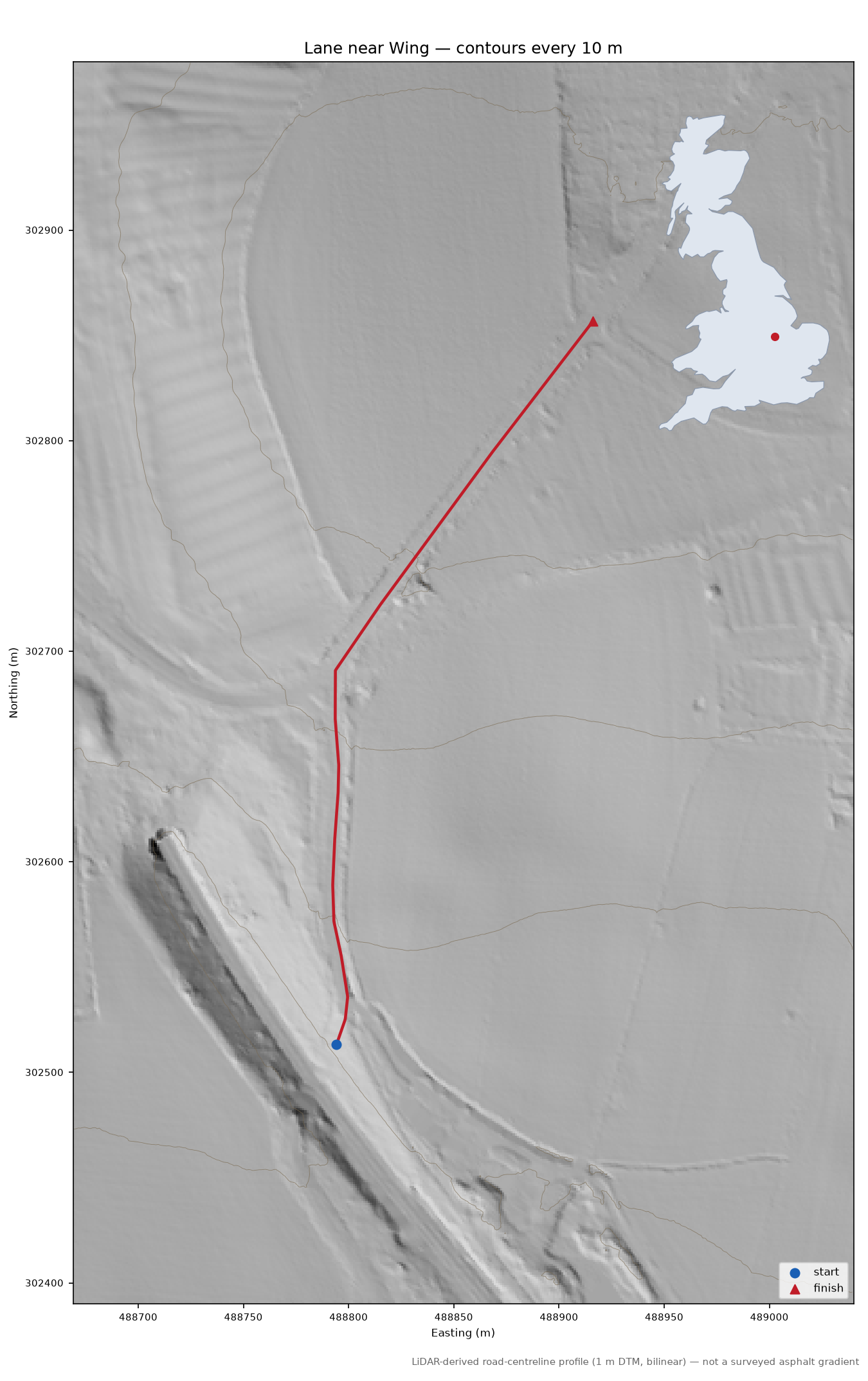 Lane near Wing LiDAR hillshade map with contours