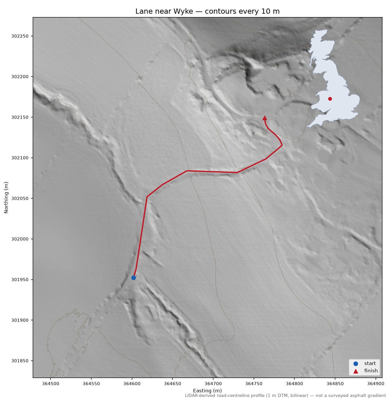 Lane near Wyke LiDAR hillshade map with contours