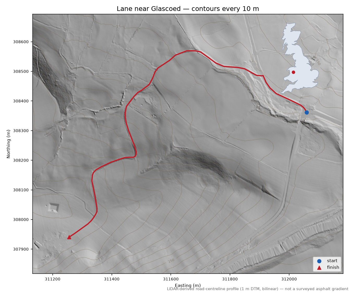 Lane near Glascoed LiDAR hillshade map with contours