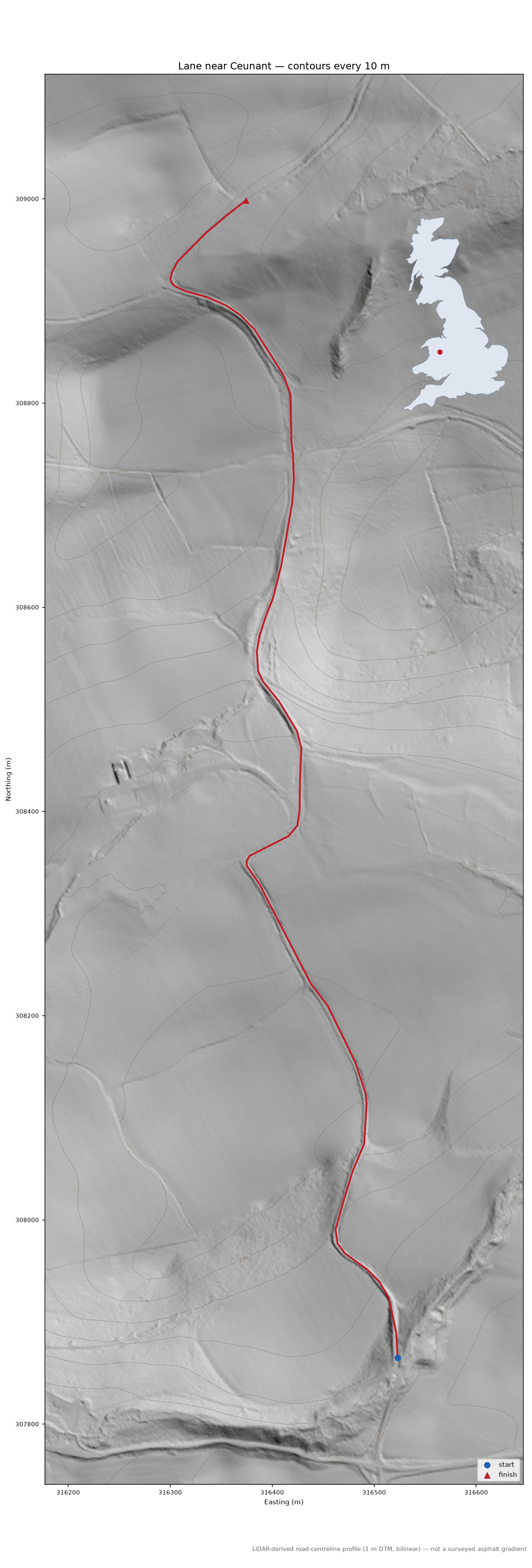 Lane near Ceunant LiDAR hillshade map with contours