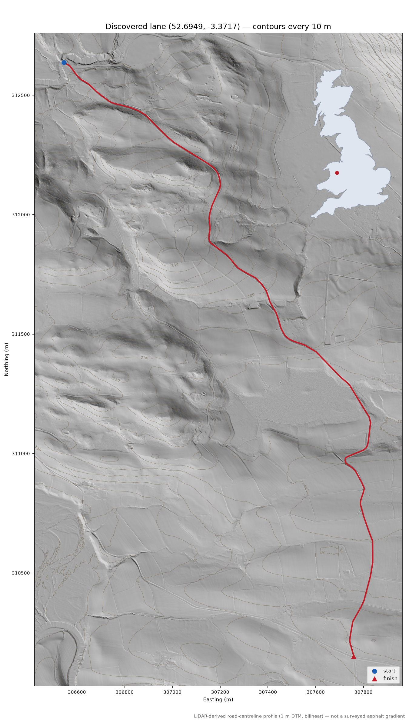 Lane near Dolanog LiDAR hillshade map with contours