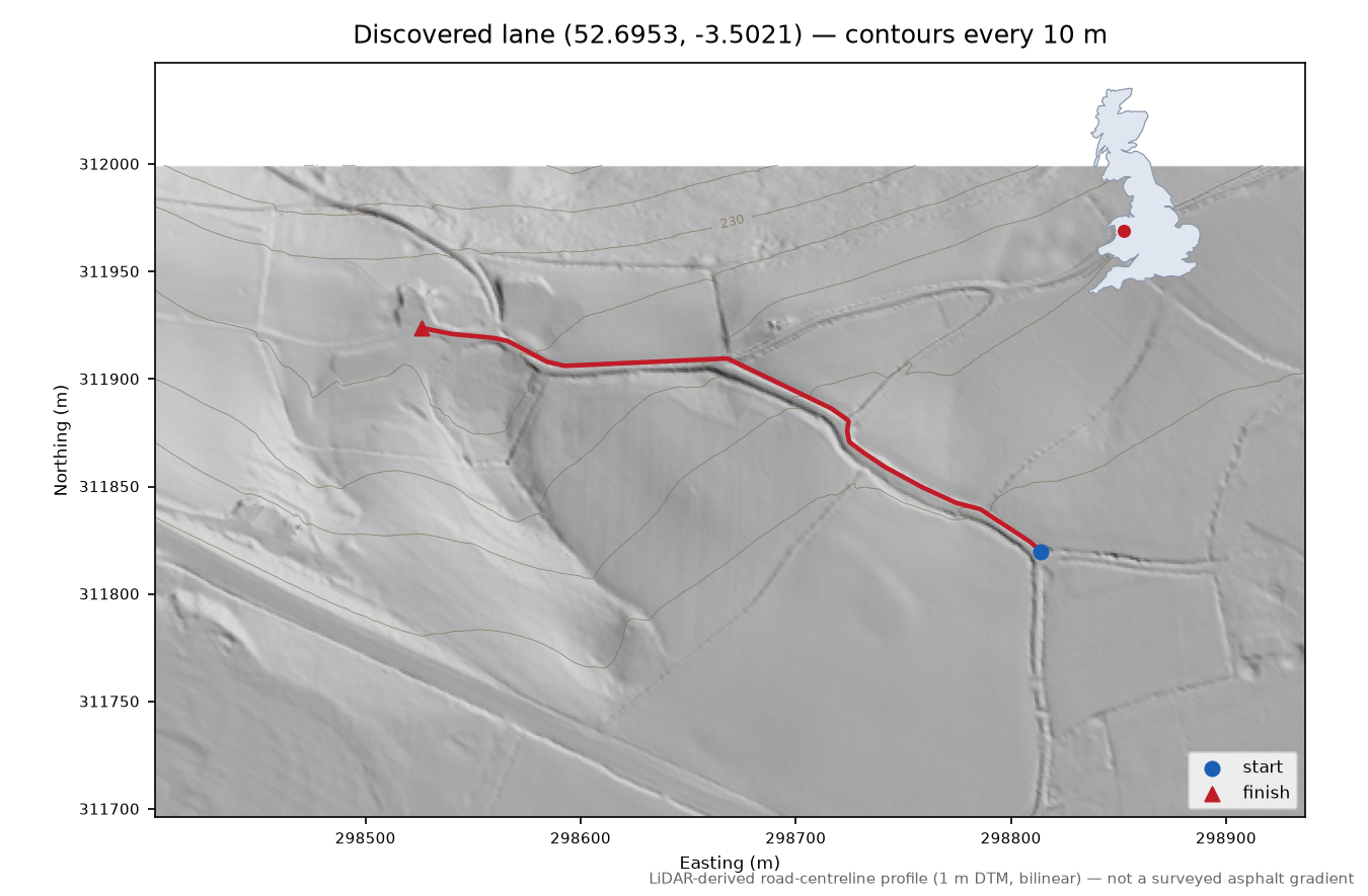 Lane near Garthbeibio LiDAR hillshade map with contours
