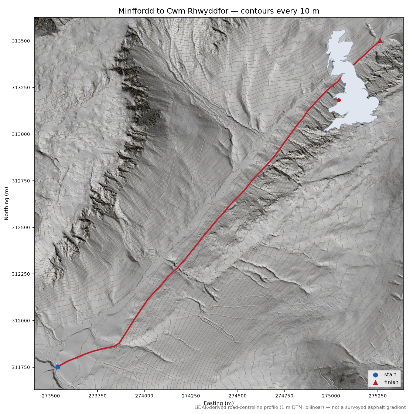 Minffordd to Cwm Rhwyddfor LiDAR hillshade map with contours