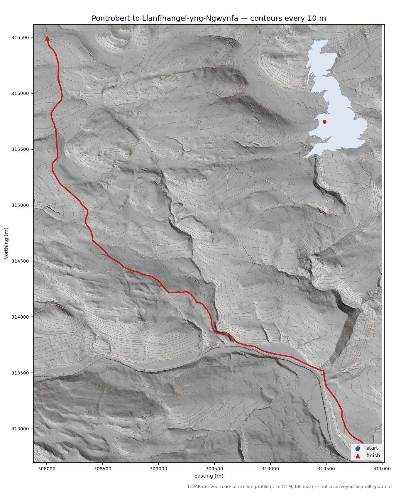 Pontrobert to Llanfihangel-yng-Ngwynfa LiDAR hillshade map with contours