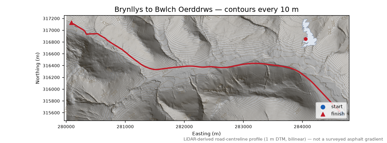 Brynllys to Bwlch Oerddrws LiDAR hillshade map with contours